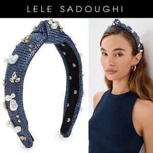 Lele Sadoughi Slim Knotted Oasis Embellished Raffia Headband Navy NWT 145$